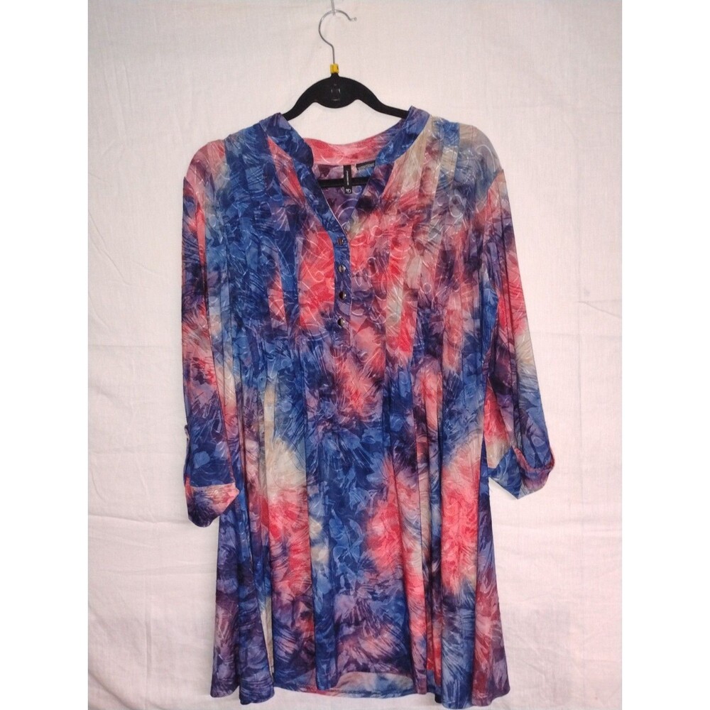 New Directions ND Tunic Top XL Floral V-Neck Roll Tab Sleeve Button Pleated